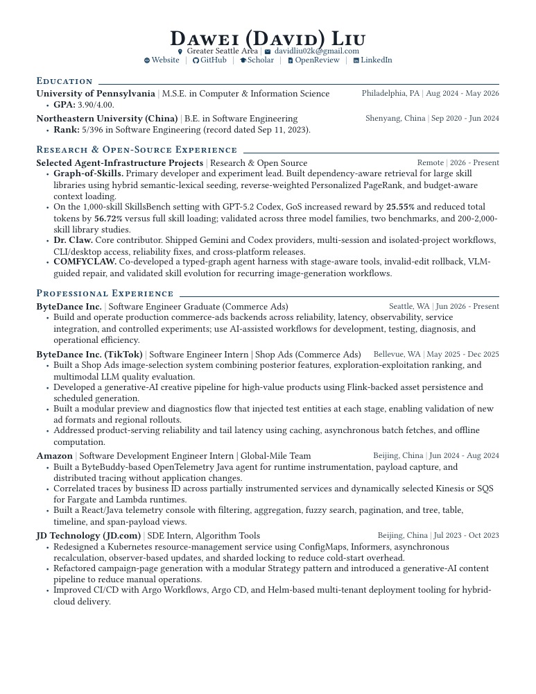 Page 1 of David Liu's research résumé: education, research and open-source experience, professional experience