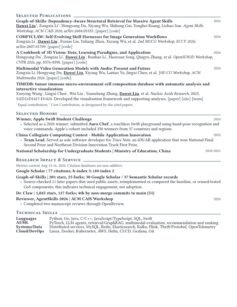 Page 2 of David Liu's research résumé: selected publications, honors, research impact and service